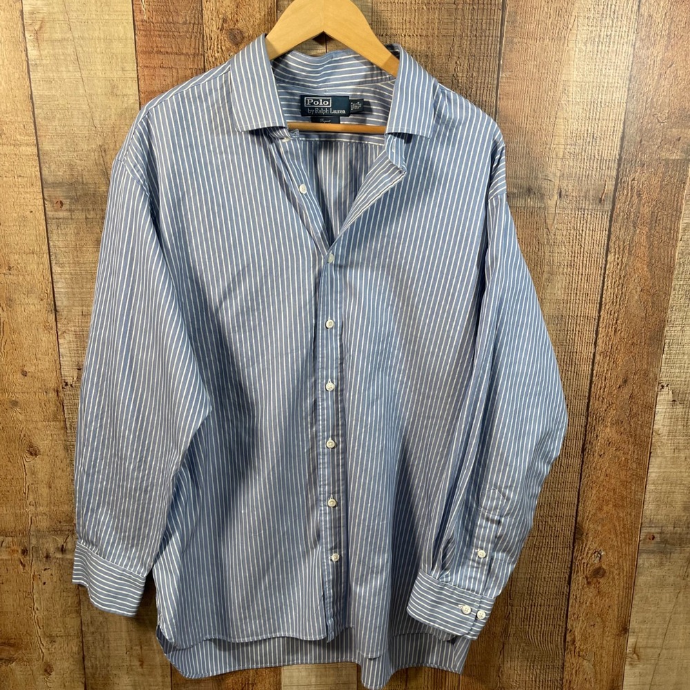 Polo Ralph Lauren Blue White Striped Cotton Button Down Shirt 18.5 34/35 Big